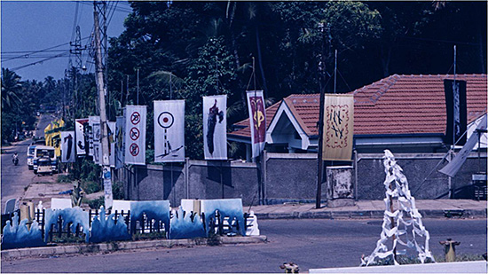 Artists Against War: Flag Project Exhibition in public space next to a main street, 2000.